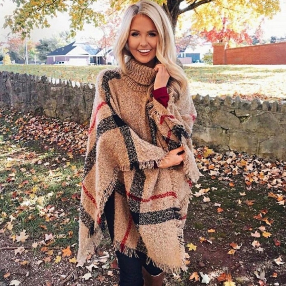 Plaid Poncho Cardigan Scarf Shawl Kimono-CAMEL - Picture 3 of 8